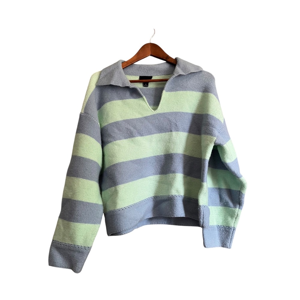 Lumiere Striped Sweater Womens Medium Blue Green Excellent Polo Collar Knit